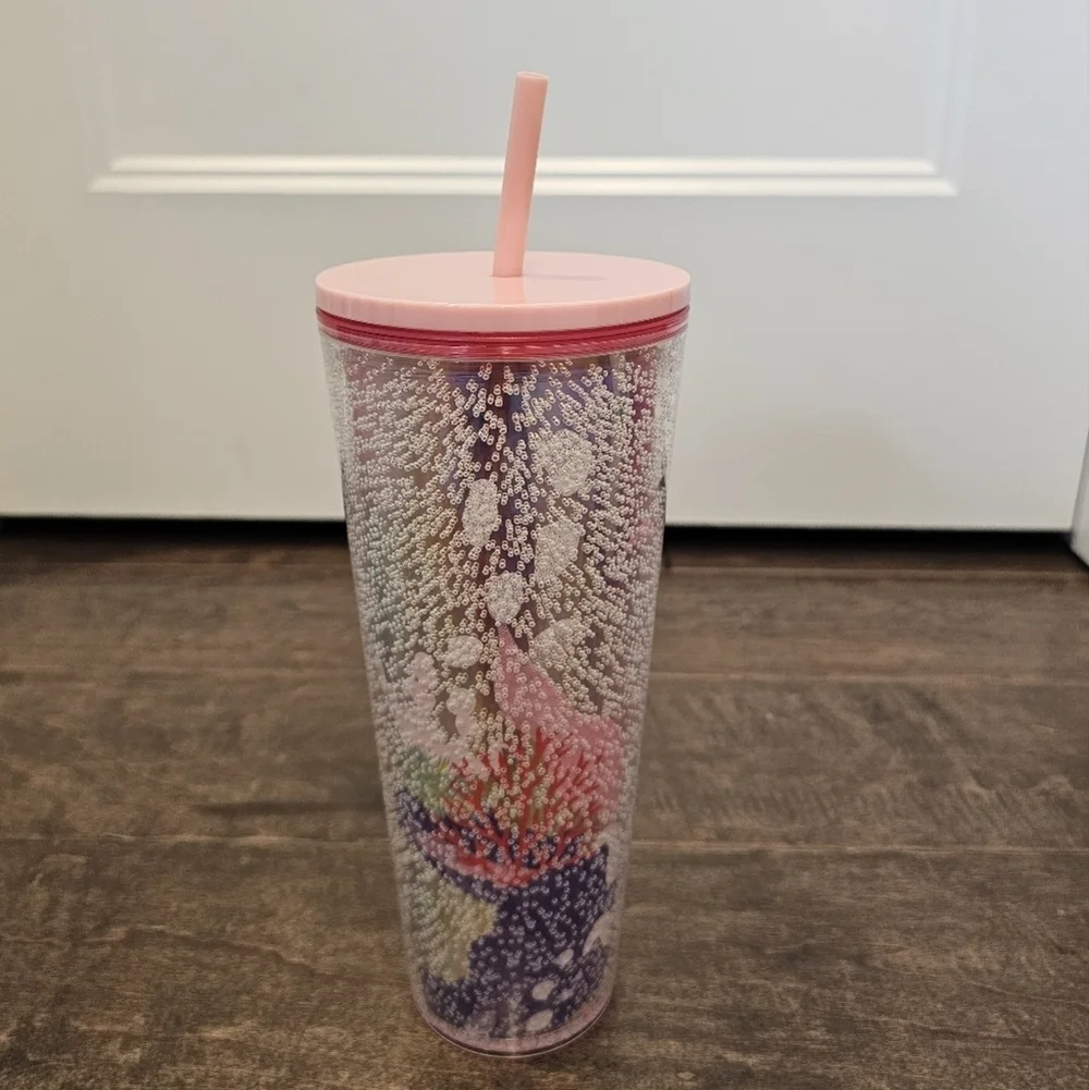 New Starbucks Trio of Artistic Tumblers with Pink, Gold, and Green Colors 24 Oz